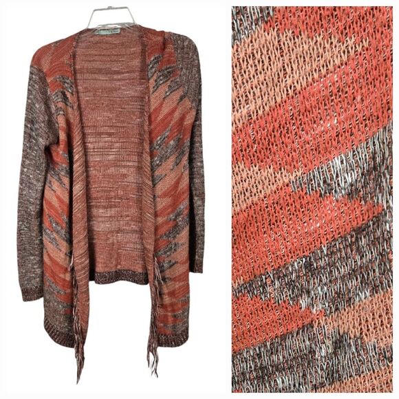 Maurices Aztec Open Front Fringe Drapey Cardigan Henna Knitted Long Sleeve Cardi - Picture 13 of 13